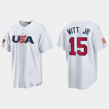 #15 BOBBY WITT JR. KANSAS CITY ROYALS 2023 WORLD BASEBALL CLASSIC USA REPLICA JERSEY ¡§C WHITE Stitches Baseball Jerseys