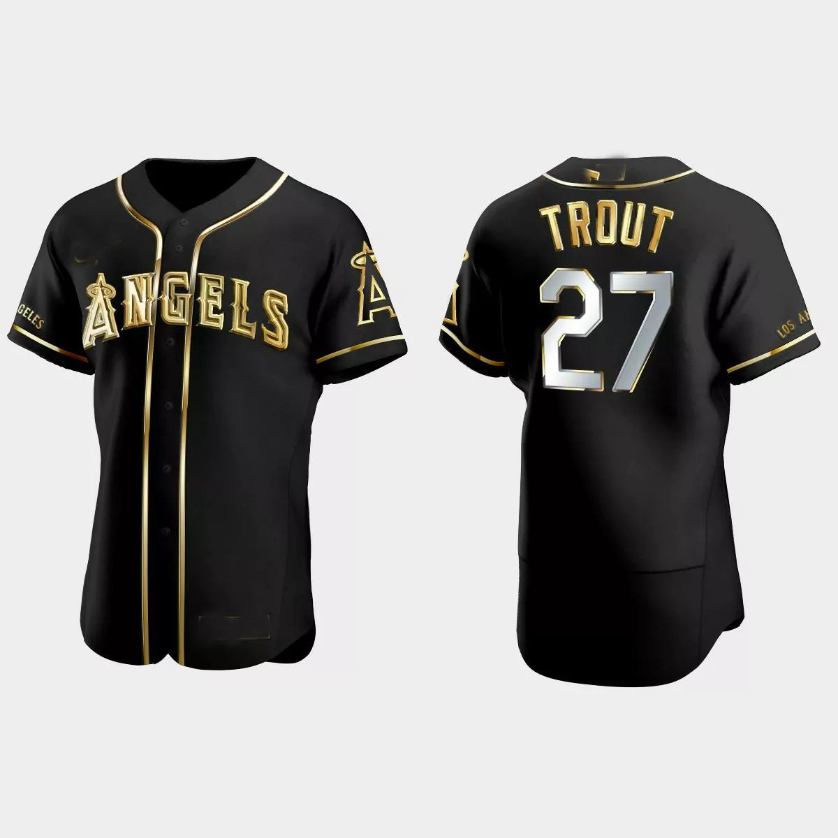 Los Angeles Angels #27 Mike Trout Gold Edition Authentic Jersey ¡§C Black Men Youth Women Baseball Jerseys