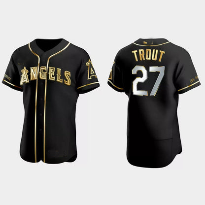 Los Angeles Angels #27 Mike Trout Gold Edition Authentic Jersey ¡§C Black Men Youth Women Baseball Jerseys