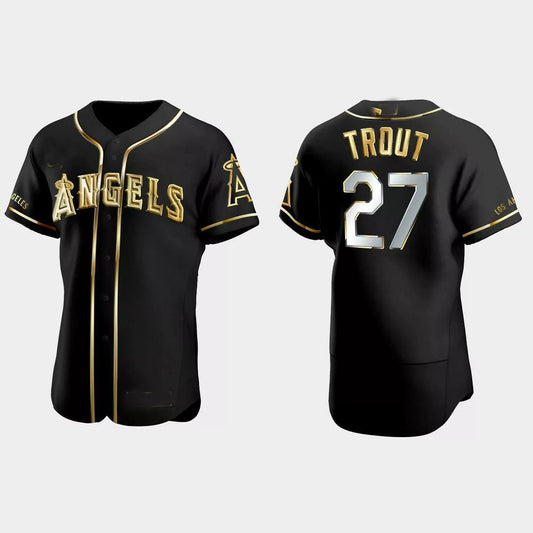 Los Angeles Angels #27 Mike Trout Gold Edition Authentic Jersey ¡§C Black Men Youth Women Baseball Jerseys