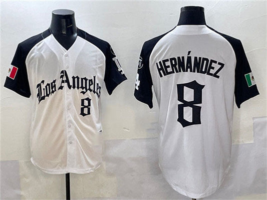 Los Angeles Dodgers #8 Enrique Hernández White Black Mexico 2025 LA Gothic Style With Fernando Patch Vapor Premier Limited Stitched Baseball Jersey