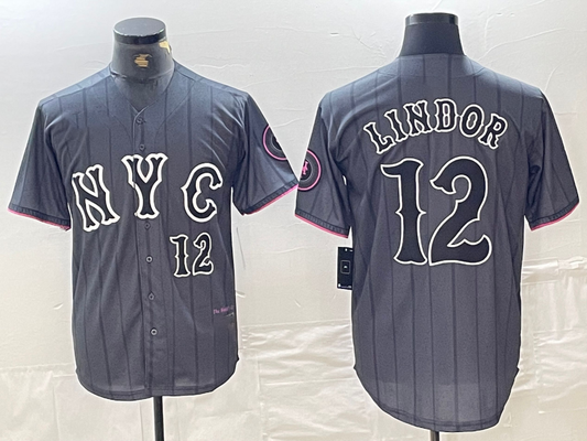 New York Mets #12 Francisco Lindor Number Grey 2024 City Connect Cool Base Stitched Baseball Jerseys