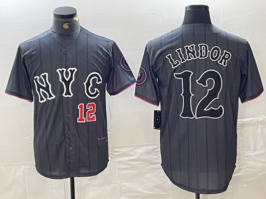 New York Mets #12 Francisco Lindor Number Grey 2024 City Connect Cool Base Stitched Baseball Jerseys