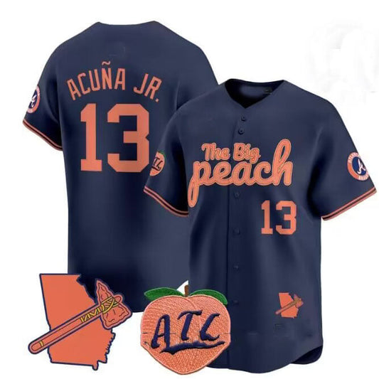 Atlanta Braves #13 Ronald Acu?a Jr. NavyThe Big Peach Vapor Stitches Baseball Jersey