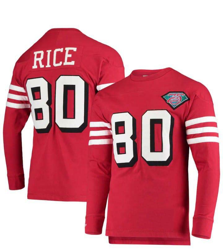 SF.49ers #80 Jerry Rice Mitchell & Ness Throwback Retired Player Name & Number Long Sleeve Top  Stitched American Football Jersey