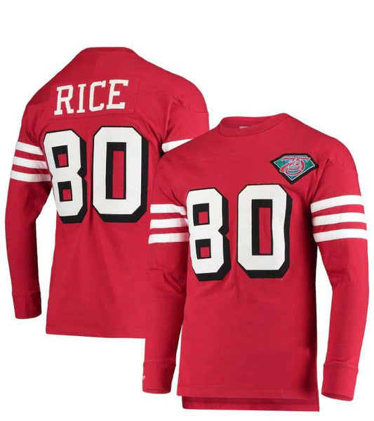 SF.49ers #80 Jerry Rice Mitchell & Ness Throwback Retired Player Name & Number Long Sleeve Top  Stitched American Football Jersey
